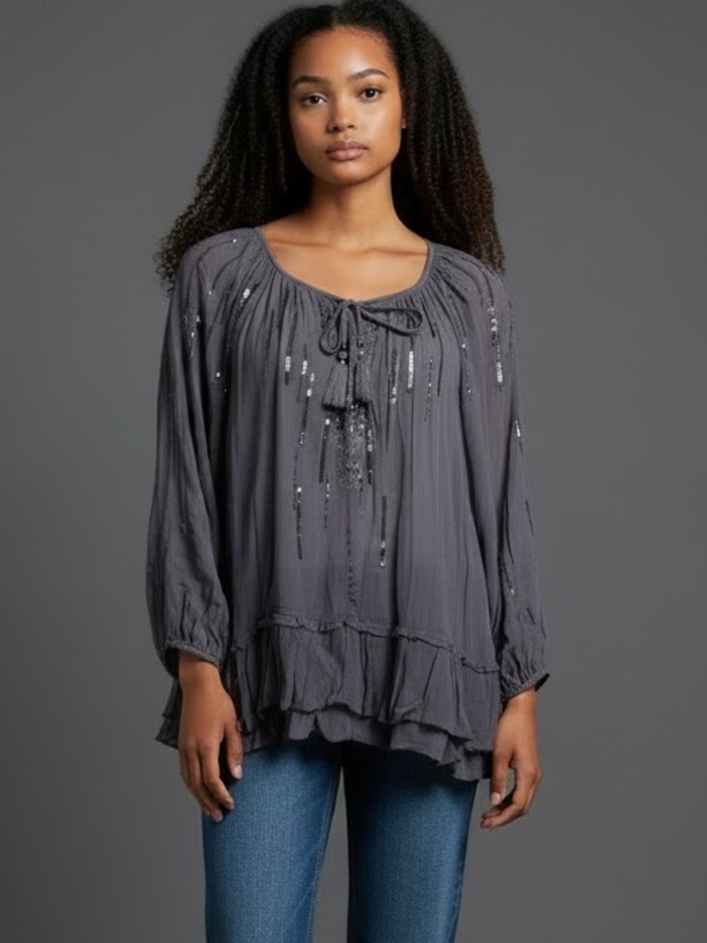 ❤️ Knox Rose XXL Sequin Bohemian Peasant Blouse with Peplum Hem